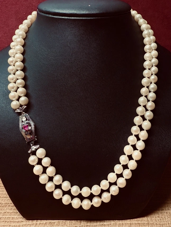 Perlenkette Doppelreihig Geknotet, 750/ WG Schloß & Rubin im Perlenschloss￼ - Bild 1 von 4