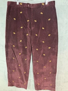 Vintage Grant Thomas Men’s Maroon Corduroy Pants 38X30 W Yellow Feathers - Picture 1 of 11