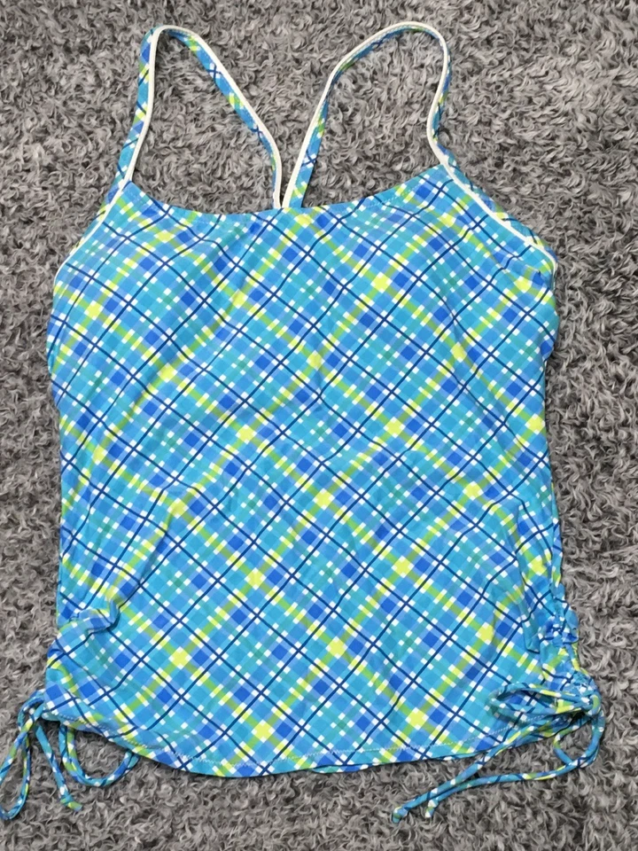 TYR Womens Size 12 Phoenix Blue Plaid Tankini Built in Bra Swimsuit Top