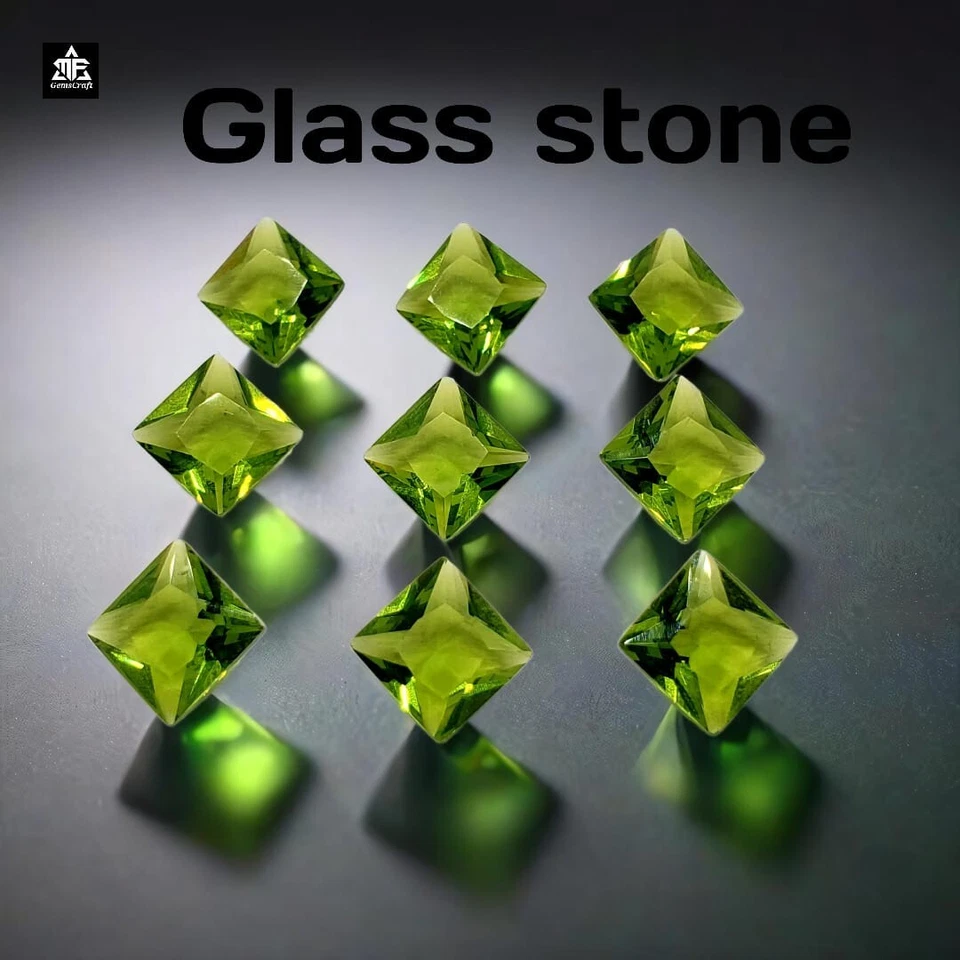 Piedras cuadradas de vidrio peridoto de 4 mm a 10 mm | Gemas brillantes y brillantes para joyería Foto 1 de 4