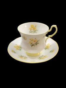 Vintage 1970s Royal Dover Teacup & Saucer Ribbed YELLOW Flowers & Trim England - Picture 1 of 20