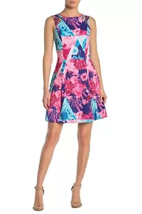 GUESS LADIES FLORAL COLORBLOCK STRAFFY FIT & FLARE DRESS, SIZE 8 MULTI, NWT $118 - Picture 1 of 12