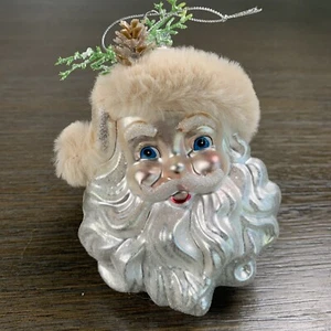 Cappello peloso Kurt Adler testa di Babbo Natale vetro soffiato a mano ornamento panna con pigna - Foto 1 di 8