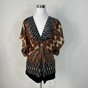 Allan B Allen Schwartz Blouse Womens L Blue Top Brown Tan NWT - Picture 1 of 14
