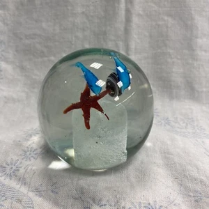 Art Glass Paperweight Hand Blown Blue Fish Bowl Aquarium Star Fish Murano Style - Picture 1 of 10