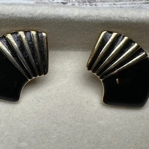 Vintage Gold Tone Black Enamel Signed Trifari Pierced Designer Earrings - Picture 1 of 7