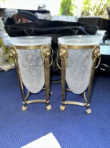 Vtg Solid Brass & Clear Crackle Glass Lion Heads Votive Candle Holder Set Of 2 - Picture 1 of 4
