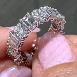4.25 TCW Emerald & Oval Moissanite Eternity Wedding Band in Solid 14K White Gold - Picture 1 of 8