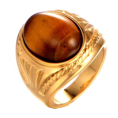 Anillo Deziloo Para Hombres Acero Inoxidable Natural Ovalado Ojo de Tigre Oro Piedra Hombres 7-15 Foto 1 de 3