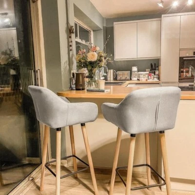 2x Beige Linen Bar Stools with Backrest Armrest Wood Legs for Kitchen - Image 1 of 4