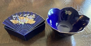 Matching Japanese Bowl & Trinket Dish Blue Gold Trim Peacocks Floral Lotus - Picture 1 of 7
