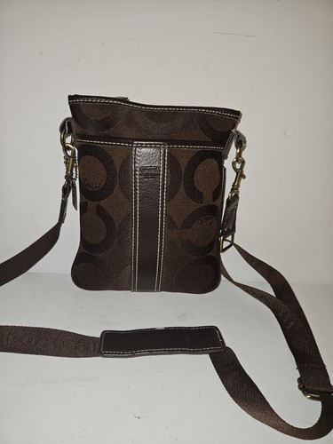 Borsa a tracolla Coach donna firmata in tela e pelle marrone con ferramenta bronzo