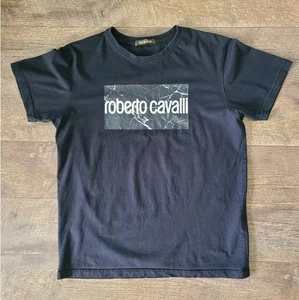 Roberto Cavalli Mens Shirt Large Black Graphic Print Logo Short Sleeve Crew Neck - Picture 1 of 13