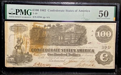 T-39 1862 $100 Confederate States Civil War Charleston Banknote Currency, PMG 50 - Image 1 of 4