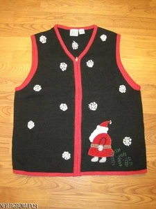 LADIES XL FIELD GEAR BLACK HOLIDAY UGLY CHRISTMAS SANTA SWEATER VEST~EUC - Picture 1 of 4