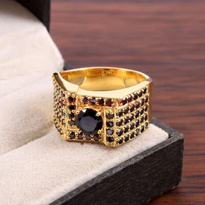 Natural Black Onyx Gemstone with Gold Plated 925 Sterling Silver Men's Ring #169 - Picture 1 of 3
