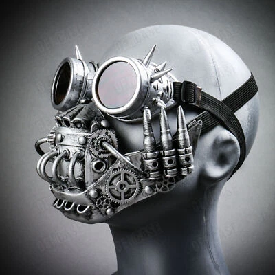 Burning Man Steampunk Robot Mask w/ Spikes Goggles Lens Halloween Costume Silver - Image 1 of 4