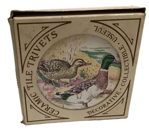 Vintage Tile Trivets Coaster Set Mallard Ducks Pheasants Birds Ceramic Org Box - Picture 1 of 4
