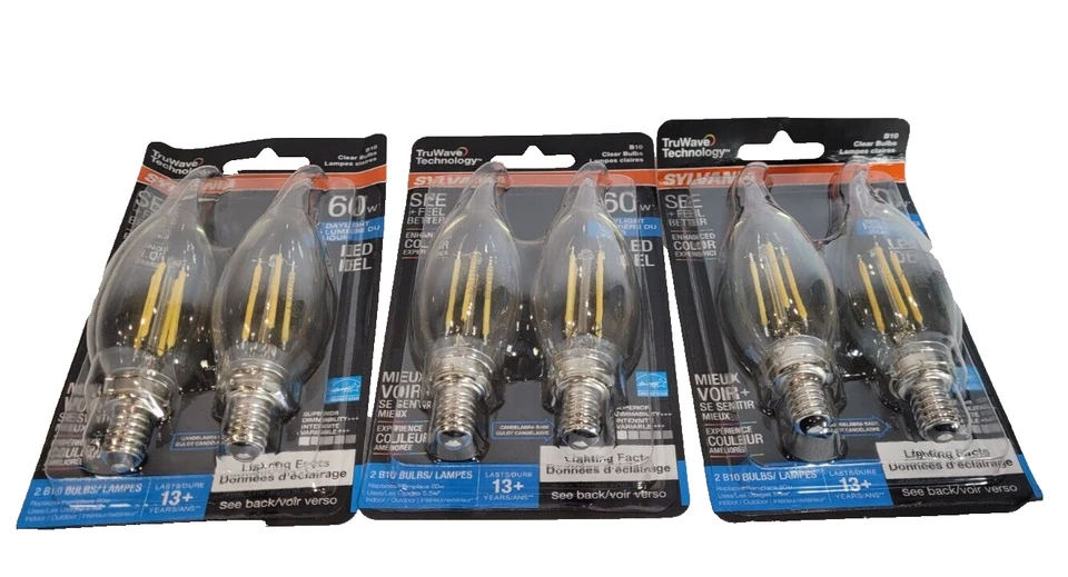 SET OF 3 SYLVANIA B10 LED Candelabra Base Light Bulb 60W Daylight Clear 6 BULBS - Image 1 of 4