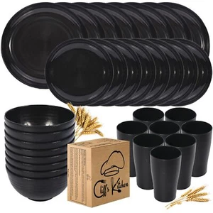 32 Pcs Wheat Straw Dinnerware Sets-Black For 8- Unbreakable Outdoor Camping - Picture 1 of 7