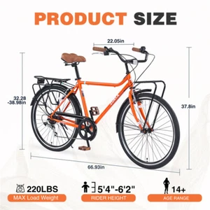 26 In Vintage Bike 7 Speed Steel Frame Double Brakes for Adults Commute Bicycle - Picture 1 of 5