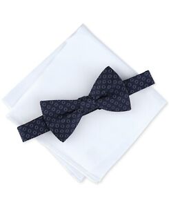 Alfani Mens Bow Tie & Solid Pocket Square Set Pre Tied Bow Blue NWT