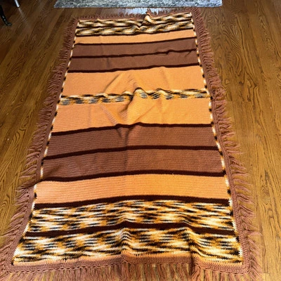 Handmade Crochet Afghan Throw Blanket Fringe  85x44 Vintage 70s MCM Retro - Image 1 of 4
