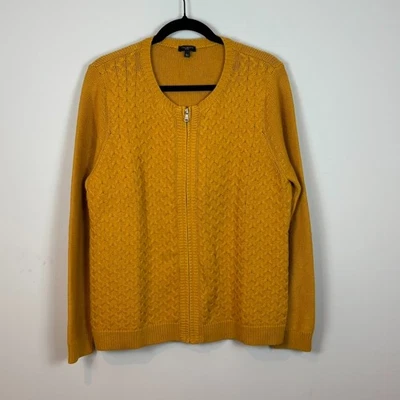 Talbots Wool Cashmere Mustard Yellow Full Zip Cable Knit Cardigan Womens XL P - Image 1 of 4