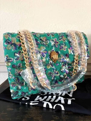 Bolsa de ombro acolchoada Kurt Geiger grande Kensington lantejoulas verde multi-nova com etiquetas - Imagem 1 de 4