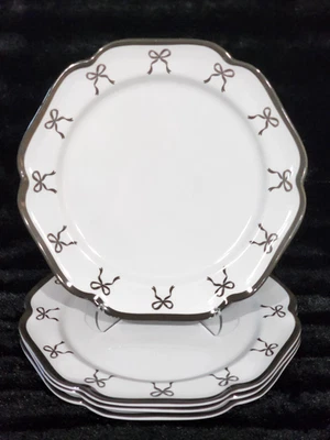 4 Black Coquette Bow Trim on White Melamine Dinner Plates 11" Shabby Chic Bows - Image 1 of 4