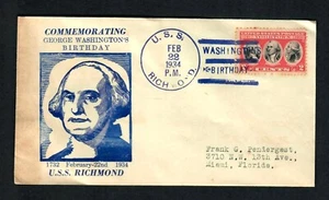 PH88b Comm. George Washington Cumpleaños USS Richmond 22 de febrero 1934 AZUL Cancelar - Imagen 1 de 3