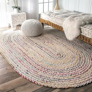 Rug 100% natural cotton braided oval Rug reversible modern living area rugs - Picture 1 of 8