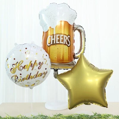 5 Gold White Round Beer Mug Stars Happy Birthday Mylar Foil BALLOONS Set Party - Image 1 of 4