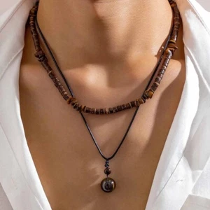 Juego de 2 piezas de collar colgante de piedra natural para hombre de colección con cuentas de madera - Imagen 1 de 9