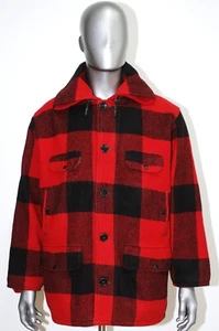VTG 70s Johnson Woolen Mills Red Plaid Hunting Mackinaw Jacket Hooded Talon SZ L - Picture 1 of 16