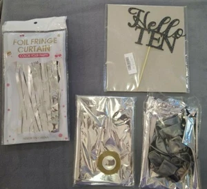 10th Birthday Party Decoration: Balloons, Foil Curtain, Cake Topper Black Silver - Picture 1 of 8