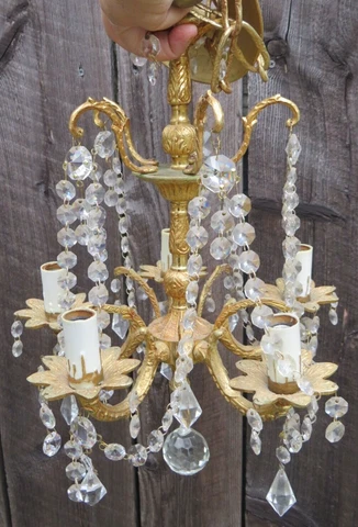 Vintage Spanish Revival Petite 5 Arm Brass Chandelier Crystal Prisms Spain Cover