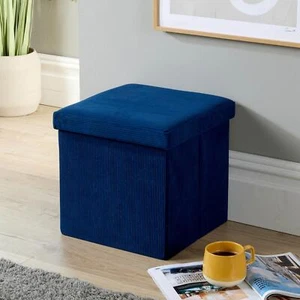 Folding Ottoman Chest Corduroy Blue Fabric Solid Space Saving Storage Square Box - Picture 1 of 7