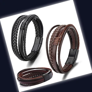 Mens Leather Bracelets Braided Handmade Wristband Bangle Magnetic Clasp Fashion - Picture 1 of 12