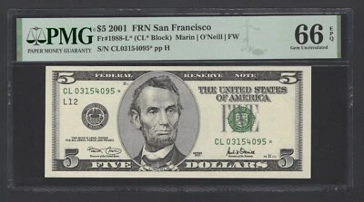 United States-Federal  5 Dollars 2001 Fr#1988-L* (CL* Block) Star UNC Grade 66 - Image 1 of 2