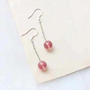 Minimalist Platinum Plated S925 8mm Red AAA Natural Strawberry Quartz Earrings - Picture 1 of 2