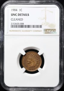 1904 Indian Head Chocolate Brown Penny 4 FULL DIAMONDS Cleaned ? NGC UNC Details - Picture 1 of 4