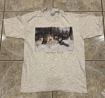 复古 90 年代 1992 成人 L/XL 狼 猎人 山脊 单针衬衫 美国制造 — 第 1/4 张图片