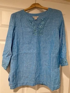 Tommy Bahama women’s Large Linen Summer Tunic Embellished Sleeve Neck Blue - Picture 1 of 9