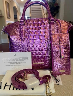 Brahmin Bright Iridescent Pink Duxbury Satchel In OPERA & Matching CC Wallet NWT - Image 1 of 4
