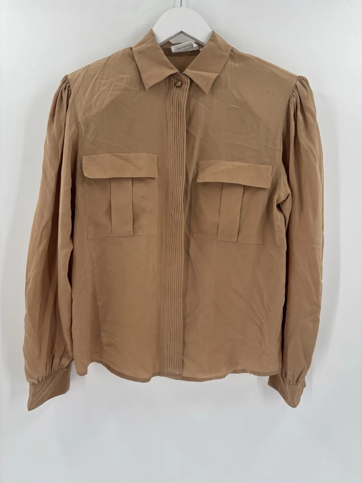 Blusa JH Collectibles Vintage 100% Seda Mujer 8 Marrón Años 80 Mangas Largas Plisada Foto 1 de 4