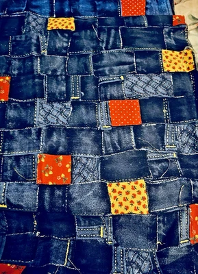 VTG  Faux Denim & Ditzy Calico Patchwork Cheater Slow Stitch Repair Remnant - Image 1 of 4