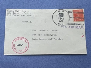 1942 USS GREBE PREXIE WWII NAVAL CENSOR ! US NAVY AIR MAIL +MEEKS BAY CA 4-BAR ! - Picture 1 of 2