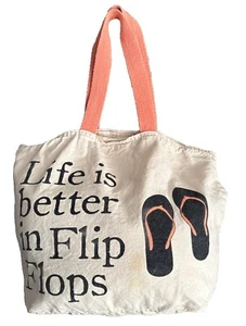 Women's  Tote Bags Logo Print “Life Is better In Flip Flops” Cream Pink Vacay  - Picture 1 of 6