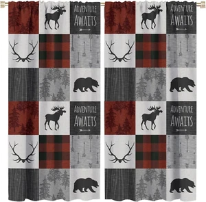 Moose Bear Bedroom Curtains,Vintage Country Forest Christmas Decor Black Red Pla - Picture 1 of 7